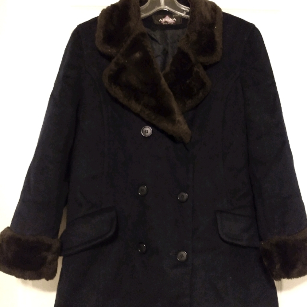 Vintage Navy Blue Coat with Brown Faux Fur Trim